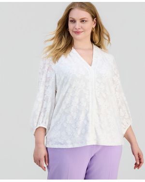 Kasper Plus Size Burnout Floral V-neck Blouse - White
