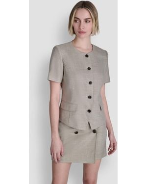 DKNY Windowpane Short-sleeve Crew Neck Structured Top - Gray