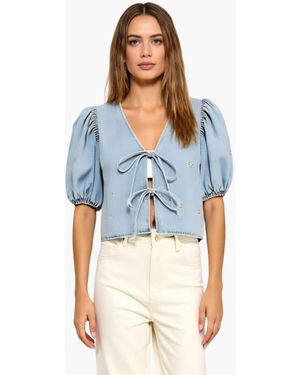 Modenaire Embroidered Puff Sleeve V-neck Tie-front Top - Blue