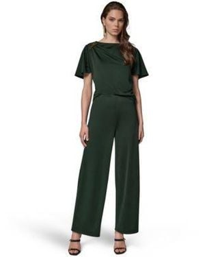 Donna Karan Ruched Side Short Sleeve Top Wide Leg Pull On Pants - Green