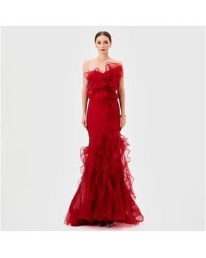 Bariano Zita Strapless Ruffle Gown - Red