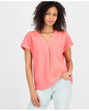 Style & Co. Cotton Gauze V-neck Short-sleeve Top - Red