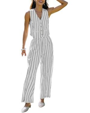 CUPSHE V-neck Striped Wide-leg Cami And Pants - Gray