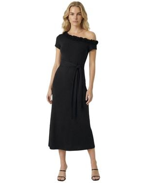 Modenaire One-shoulder A-line Ruffle-trim Midi Dress - Black