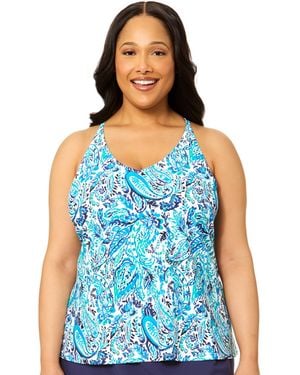 Island Escape Plus Size Printed V-neck Underwire Tankini Top - Blue