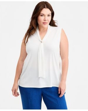 Kasper Plus Size Tie-neck Sleeveless Top - White