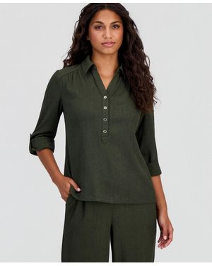Anne Klein Essentials Petite Collared Roll-tab-sleeve Shirt - Green