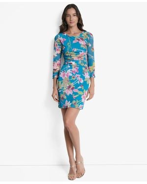 DKNY Petites Printed Ruched 3/4-sleeve Bodycon Dress - Blue