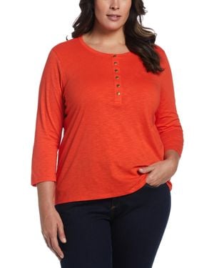 ELLA rafaella Plus Size Cotton 3/4 Sleeve Henley Top - Red