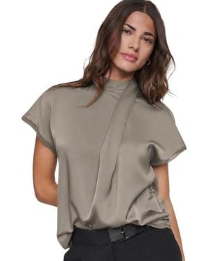 DKNY Short-sleeve Mock-neck Satin Blouse - Gray