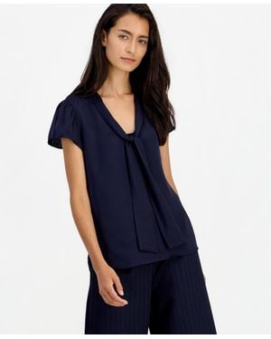BarIII Satin Tie-neck Flutter-sleeve Short-sleeve Blouse - Blue