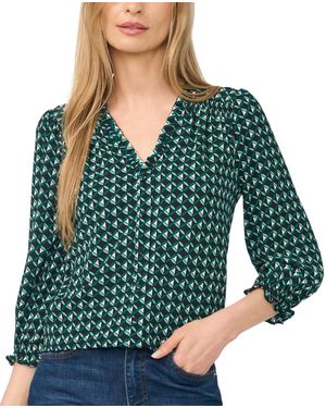 Cece Button-detail V-neck 3/4-sleeve Blouse - Green