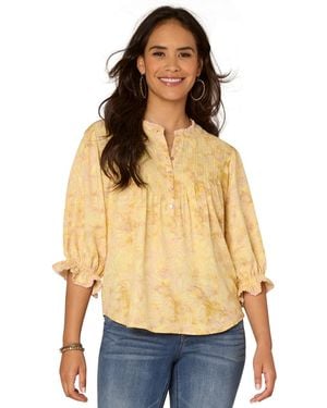 Democracy Petite Printed Lantern-sleeve Pintuck Top - Yellow