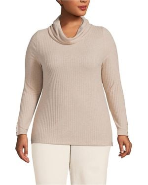 Lands' End Plus Size Long Sleeve Wide Rib Cowl Neck Tee - Natural