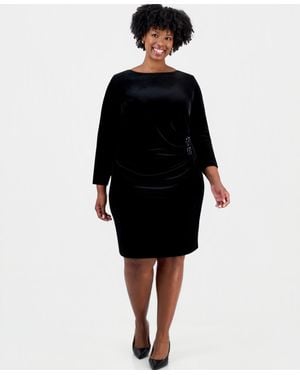 Kasper Plus Size Long-sleeve Velvet Side-pleat Dress - Black