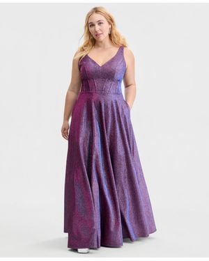 City Studios Trendy Plus Size Glitter V-neck Sleeveless Gown - Purple