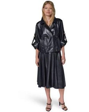 Donna Karan Roll Sleeve Short Jacket Pleated Faux Leather Midi Skirt - Blue