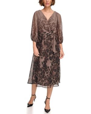 DKNY Petites Chiffon Printed Surplice Balloon-sleeve Dress - Brown
