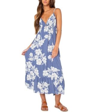 Roxy Warm Rays Hibiscus V-neck Floral-print Ruffled Hem Midi Dress - Blue