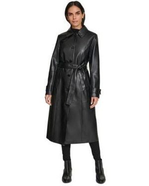 Calvin Klein Belted Faux Leather Trench Coat P Xs Xxl - Black