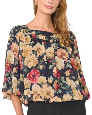 Vince Camuto Square Neck Bubble 3/4-sleeve Chiffon Floral-print Blouse - Brown