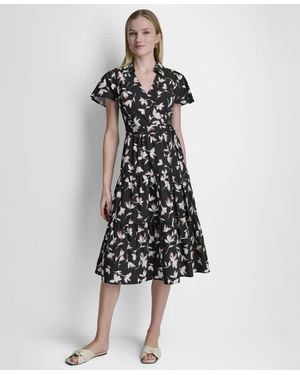 DKNY Flutter-sleeve Tiered Printed Midi Dress - White