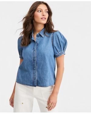 On 34th Cotton Puffed-sleeve Denim Shirt - Blue
