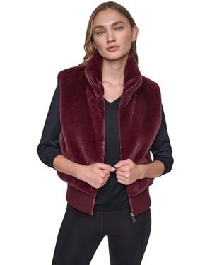 DKNY Mock-neck Ribbed-knit Hem Faux Fur Vest - Red