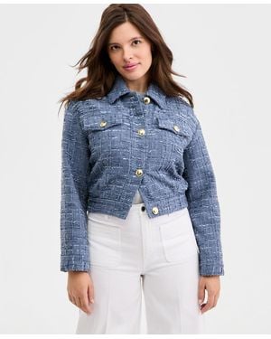 On 34th Woven Solid Cropped Tweed Jacket - Blue