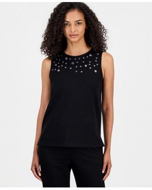 Anne Klein Crewneck Grommet-trim Sleeveless Top - Black
