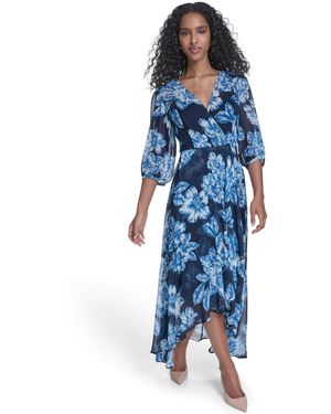 Calvin Klein Balloon-sleeve Faux Wrap Dress - Blue