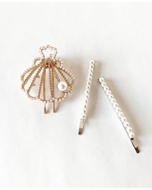 Soho Style Imitation Pearl Bobby Pins And Seashell Hair Clip Three-piece Set - White