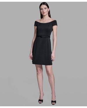 BCBGMAXAZRIA Off-the-shoulder Scuba Belted Mini Fit & Flare - Black
