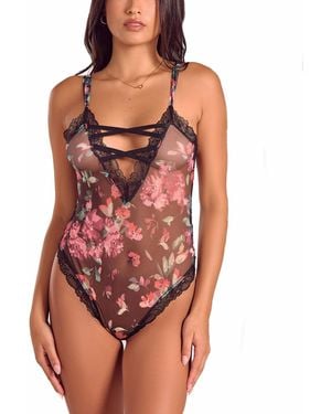iCollection Womans Floral Lace Up Bodysuit Lingerie - Red