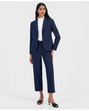 Anne Klein Seersucker Stripe Blazer Ruffle Trim Shirt Seersucker Stripe Pants - Blue