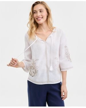 Charter Club Embroidered 100% Linen Split-neck Tunic - White