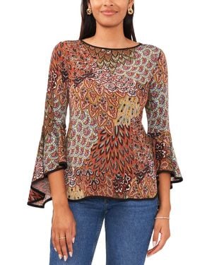 SAM & JESS Printed Crewneck 3/4-bell-sleeve Blouse - Red