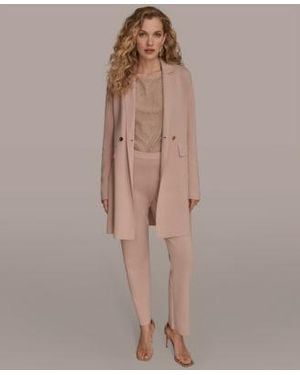 Donna Karan Long Blazer Coat Sleeveless Boat Neck Tank Top Mid Rise Knit Straight Ankle Sweater Pant - Brown