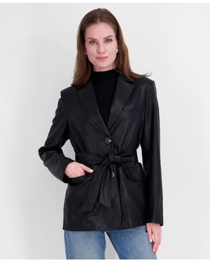 Tahari Belted Faux Leather Trench Jacket - Black