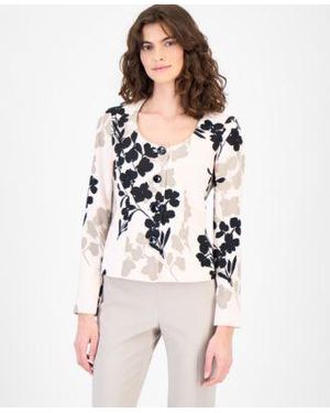 Anne Klein Collarless Printed Four Button Twill Jacket - Natural