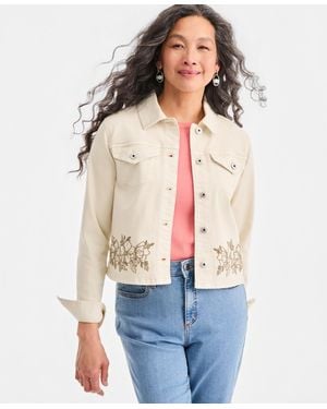 Style & Co. Petite Cropped Embroidered Denim Collared Jacket - White