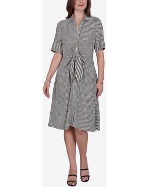 Ruby Rd. Petite Striped Gauze Tie Waist Shirt Dress - Gray