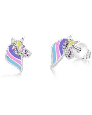 Chanteur Girls /girl/unicorn Enamel Crystal White Gold Palladium Plating Screwstud Earring - Blue