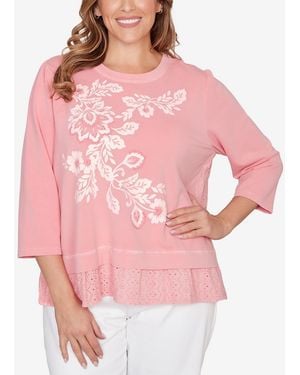 Ruby Rd. Plus Size Embroidered Terry Crew Neck Top - Pink