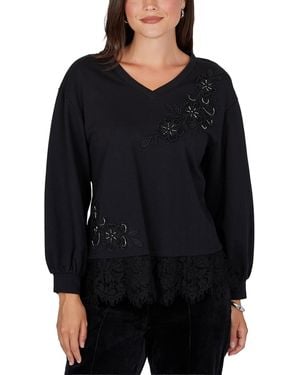 Ruby Rd. Long-sleeve V-neck Lace Pullover - Black