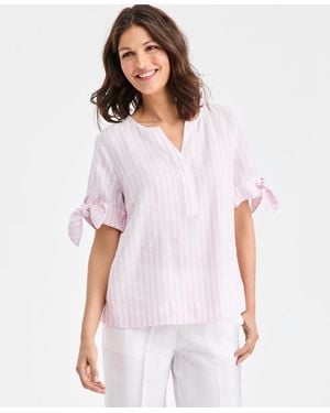 Charter Club 100% Linen Tie-cuff Split-neck Top - White