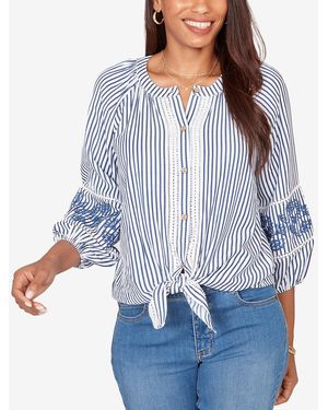 Ruby Rd. Petite Embroidered Seersucker Tie-front Henley Top - Blue