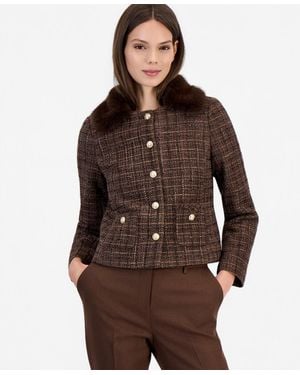 Tahari Cropped Boucle Plaid Jacket - Brown