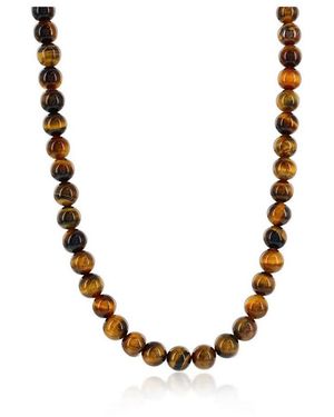 Metallo Stainless Steel 8mm Natural Stone Bead Necklace - Metallic
