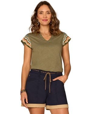 Democracy Petite Crochet Cap-sleeve Notched Neck Knit Top - Blue